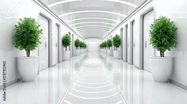 Fototapeta Bright White Hallway with Green Plants and Reflective Floor