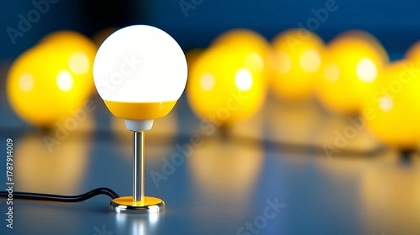 Fototapeta Bright White Spherical Lamp with Yellow Base Against Blurred Yellow Lights