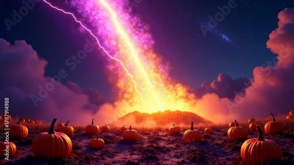 Fototapeta Pumpkins field with meteor shower and lightning