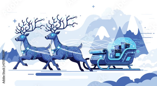 Obraz Futuristic reindeer pull Santa's high-tech sleigh through a winter wonderland, delivering digital gifts with speed and efficiency for a modern holiday season