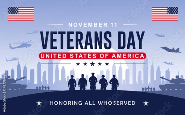 Obraz Honoring Veterans Day 2025 background. Veterans Day Background Design. Honoring all who served. Greeting Card Banner, Poster, Vector Illustration.
