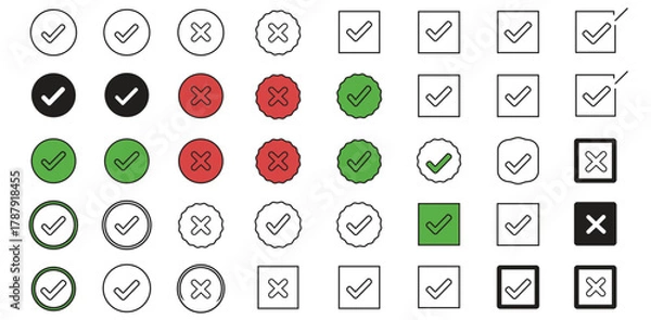 Obraz Checks Crosses Icon Set Validation Symbols Tick Marks Approval Graphics Circle Square Detailed Icon Collection for UI