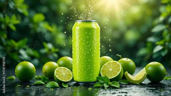 Obraz Close-up Macro Shot of Bright Green Lime Slices Submerged in Clear Sparkling Water or Soda with Abundant Carbonation Bubbles, Ideal for Refreshment, Beverage, and Detox Concepts