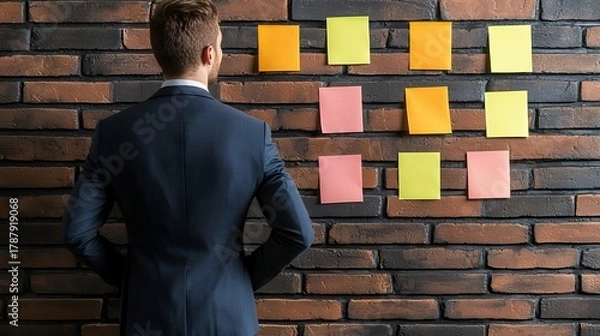 Fototapeta Businessman Contemplating Colorful Sticky Notes on Brick Wall