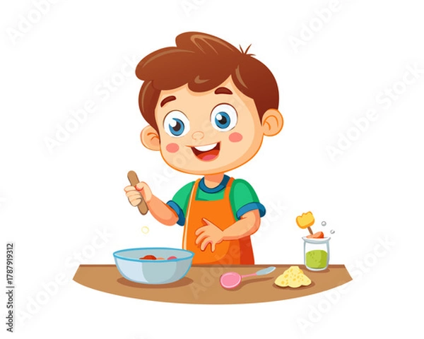 Fototapeta Adorable Cartoon Child Making Food Vector image isolated on white background
