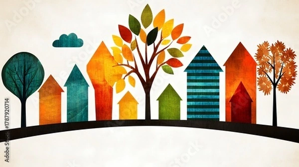 Fototapeta Charming Autumnal Village with Colorful Pixelated Houses and Trees