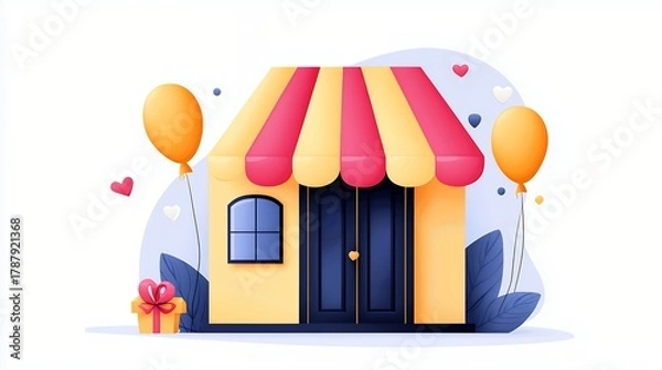Fototapeta Cheerful Yellow Shop Illustration with Balloons and Gift