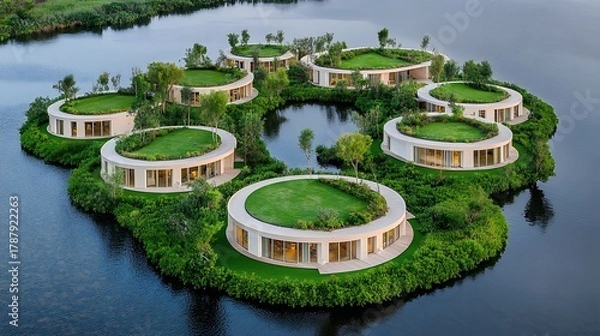 Fototapeta Circular Eco Resort on a Calm Lake Aerial View