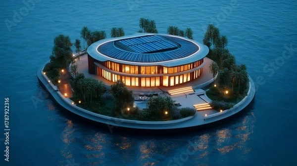 Fototapeta Circular Modern Island House at Night with Solar Panels