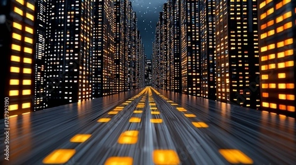 Fototapeta Cityscape at Night with Illuminated Buildings and Amber Road Lights