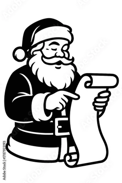 Fototapeta Jolly Santa Claus illustration, meticulously reviewing his iconic Naughty or Nice List with a focused expression, pointing to an item on the lengthy scroll.