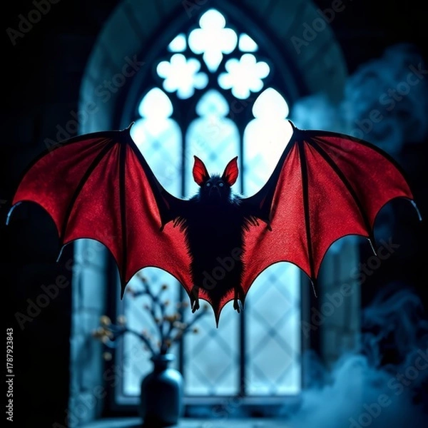 Fototapeta Vampire bat flying in moonlit belfry