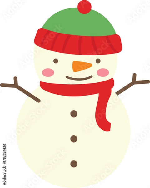 Obraz cute snowman wearing green beanie with red trim and matching scarf, carrot nose, button front, and twig arms. flat vector character on white, ideal for children’s Christmas cards, and stickers