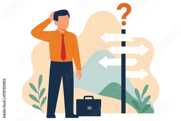 Fototapeta Businessman standing near signpost with many direction arrows feeling confused and thinking, flat vector illustration