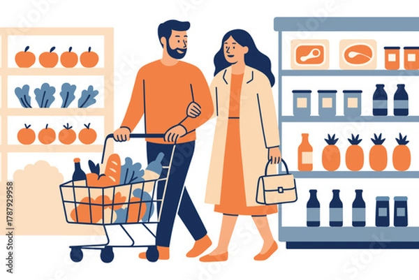 Fototapeta PrintCouple shopping together in supermarket with grocery cart full of food and drinks, flat vector illustration