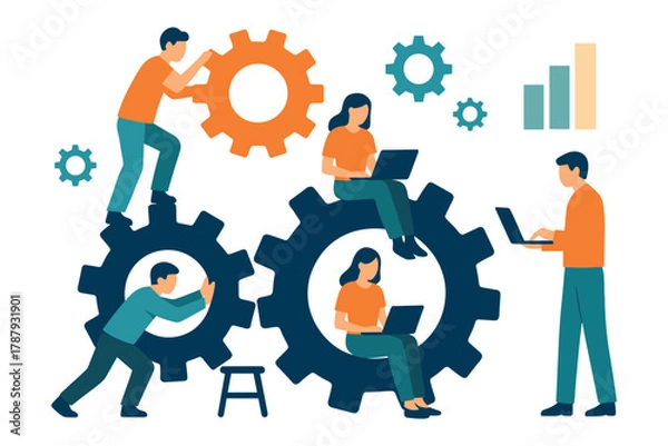 Fototapeta Group of people working together with gears and laptops showing teamwork and process management, flat vector illustration