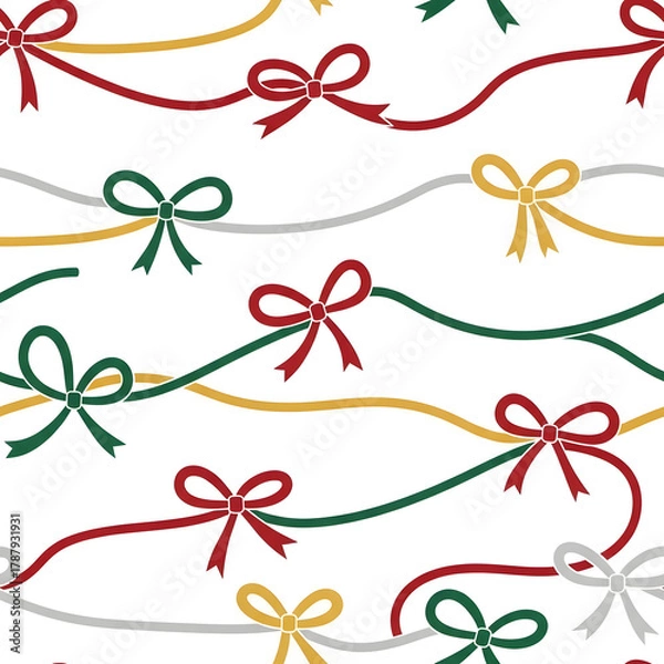 Obraz Seamless pattern of colorful wavy ribbons with bows on a white background.