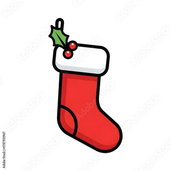 Obraz Simple cartoon Christmas stocking with holly and berries.