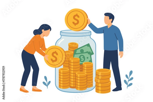 Fototapeta Man and woman saving money by putting coins and cash into big glass jar for financial growth, flat vector illustration