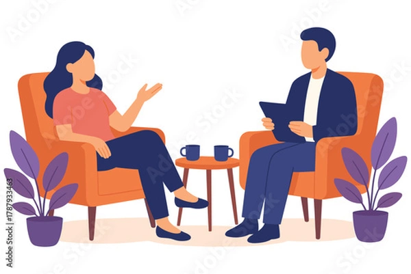 Fototapeta Man and woman sitting on chairs having conversation with coffee cups on table, flat vector illustration
