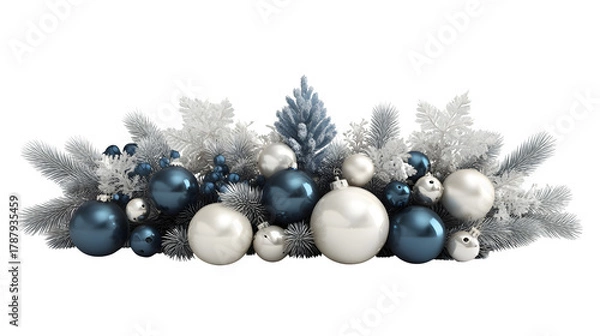 Fototapeta 3D-rendered Christmas decoration arrangement with ornaments and fir leaves isolated on white background