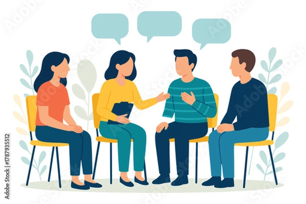 Fototapeta Support group meeting concept with diverse people sitting and talking, sharing thoughts and emotions with counselor during therapy session, communication and teamwork, flat vector illustration