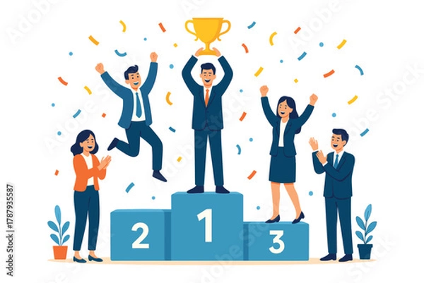 Fototapeta Successful business team celebrating victory with trophy on winner podium and confetti flat vector illustration