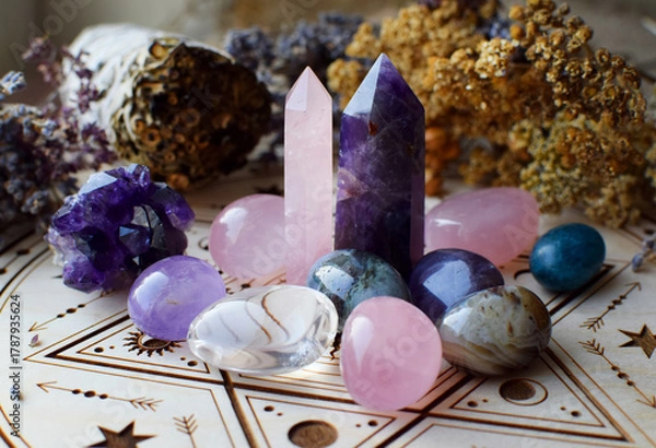 Fototapeta Rose quartz and amethyst obelisks and dried herbs on a magical wooden altar. Fortune telling, witchcraft, and esoteric spiritual practice.