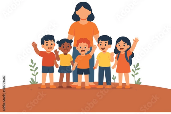 Fototapeta Teacher standing with happy group of children smiling and waving outdoors, flat vector illustration