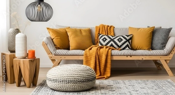 Obraz Cozy living room with a wooden sofa adorned with textured pillows and warm throws creating a bohemian atmosphere