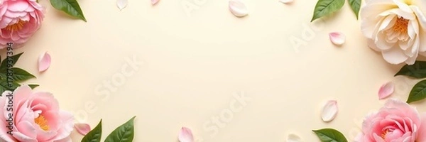 Fototapeta Top view of peonies, roses and tulips scattered on light cream background with central empty zone for text, evoking spring romance and freshness