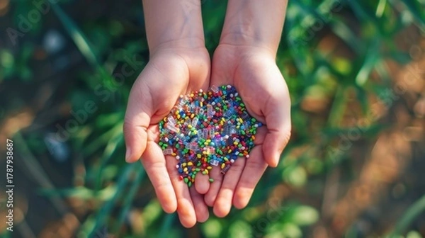Obraz Hands holding colorful microplastic particles with blurred bokeh lights on background