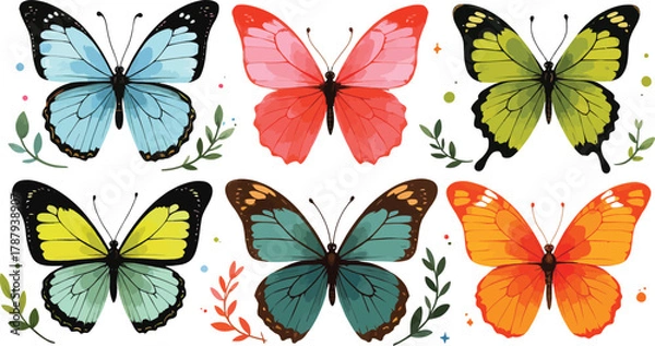 Fototapeta Colorful watercolor butterflies illustration set isolated on a white background
