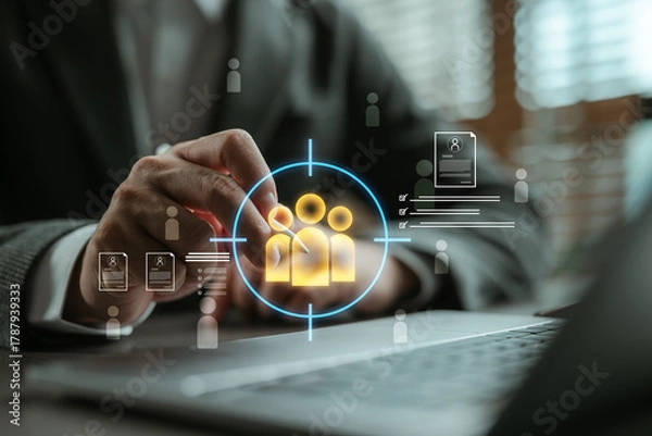 Fototapeta Businessman using digital HR interface to select target candidates, illustrating modern recruitment, talent acquisition strategy, and efficient employee selection process.