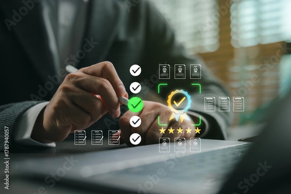 Obraz Business professional checking quality assurance compliance and guaranteed service standard on virtual screen. Successful management systems, ISO certification, company audit, product quality control.