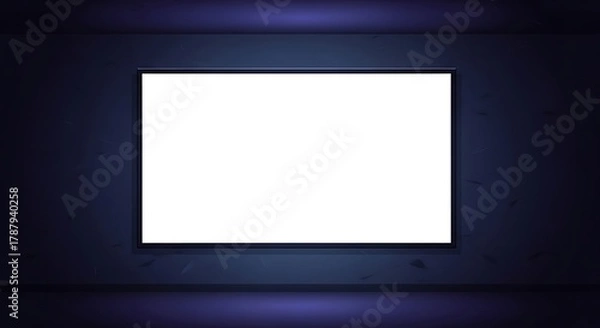 Obraz Blank Screen Display in Dark Room with Blue Lighting.