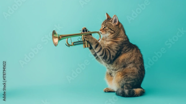 Obraz A cat playing trumpet on light blue color background, Animal photography
