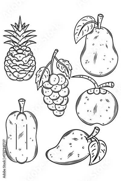 Fototapeta Fruit line art set. Pineapple, grapes, pear, coconut, papaya, mango. Simple black and white sketch for design, coloring, illustration, clipart, print