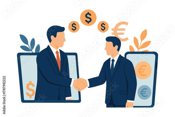 Fototapeta Two businessmen shaking hands through mobile screens representing online partnership and financial agreement, flat vector illustration