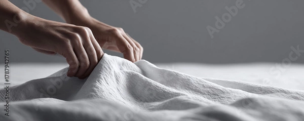 Obraz Womans hands gently touching soft white fabric. Evokes comfort, care, and delicate handling. Ideal for textiles, skincare, home decor, or wellness themes.