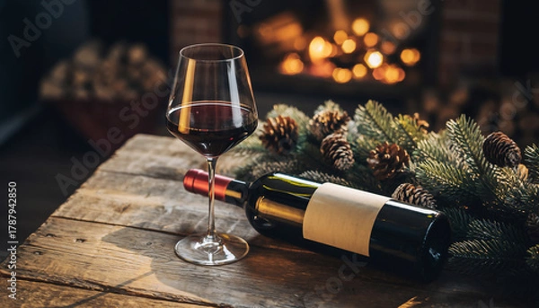 Fototapeta Premium Wine Bottle and Glass on Rustic Wooden Table with Garland and Fireplace Glow