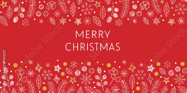 Obraz Festive merry christmas greeting card with hand drawn winter foliage and snowflakes on red background