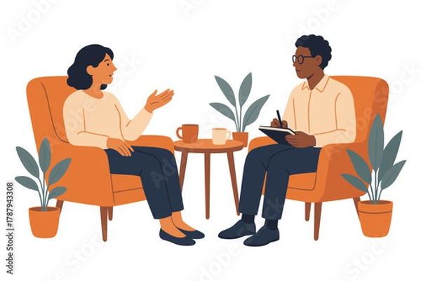 Fototapeta Two people sitting in armchairs having conversation with notebook and coffee cups in calm office interior, flat vector illustration