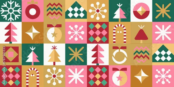 Obraz Festive geometric christmas pattern with snowflakes trees ornaments and candy canes