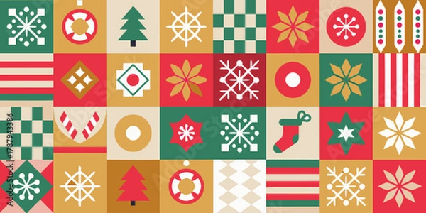 Obraz Retro christmas geometric pattern with festive icons and warm color palette
