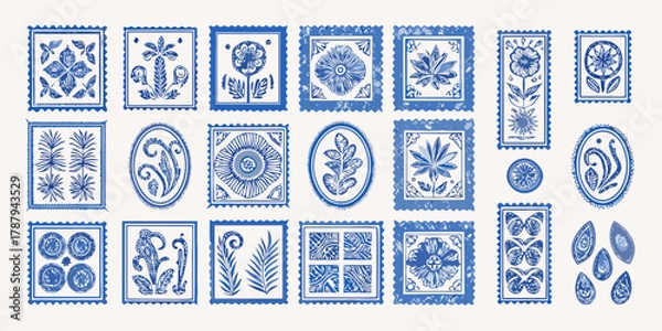 Obraz Collection of blue and white decorative floral and botanical elements in stamp shapes
