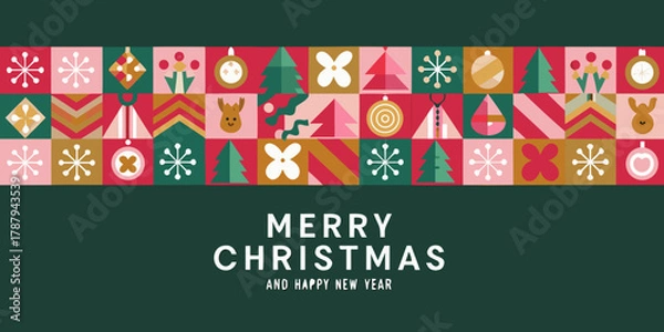 Obraz Merry christmas and happy new year greeting card with festive geometric pattern and holiday icons