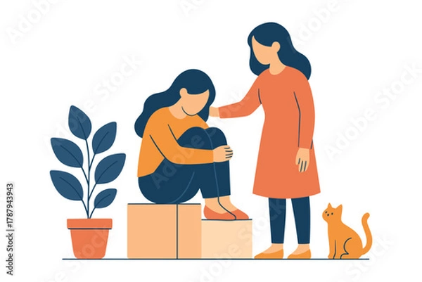 Obraz Woman comforting her sad friend by giving emotional support and care with kind gesture, flat vector illustration