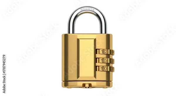 Fototapeta Isolated golden combination padlock, security lock with rolling numbers, metallic object