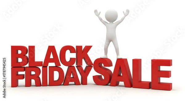 Obraz Black Friday Sales: A joyous celebration of commerce, as a figure stands triumphantly atop bold, red letters heralding a massive sale event.
